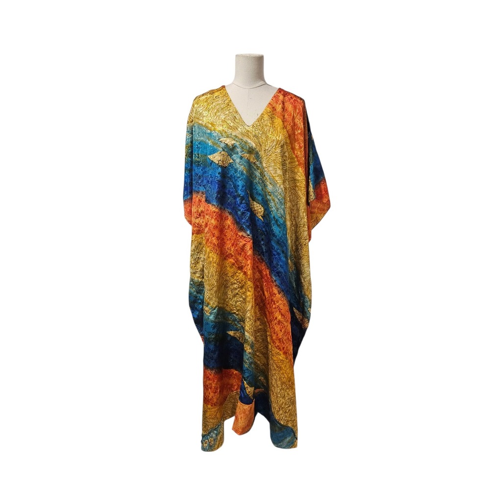 Vintage Abstract Batik Kaftan Maxi Dress Blue Orange Gold Metallic V-Neck OS
